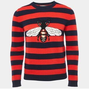 Gucci Navy Blue/Red Striped Bee Jacquard Knit Sweater XS